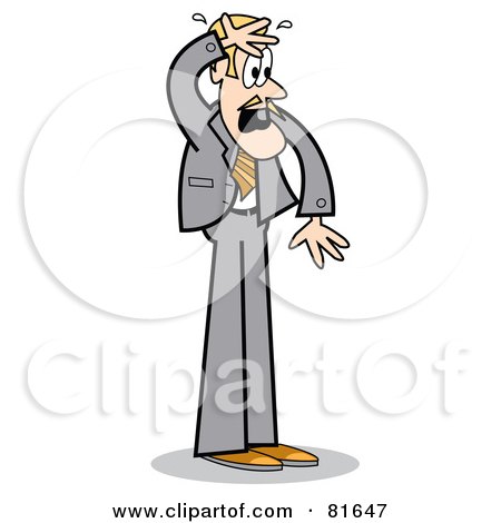 Royalty-Free (RF) Clipart Illustration of a Sweating Blond Business Guy In A Gray Suit by Andy Nortnik