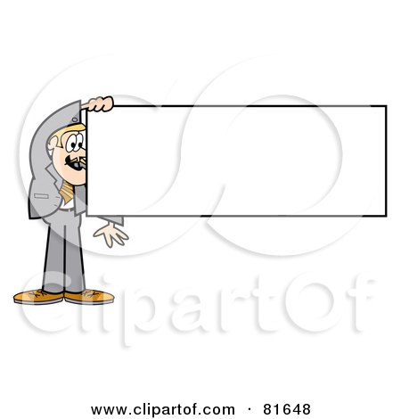 Royalty-Free (RF) Clipart Illustration of a Blond Business Guy In A Gray Suit, Holding A Blank Rectangular Sign by Andy Nortnik