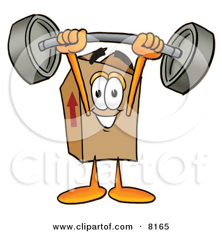 Clipart Picture of a Cardboard Box Mascot Cartoon Character Holding a Heavy Barbell Above His Head by Mascot Junction