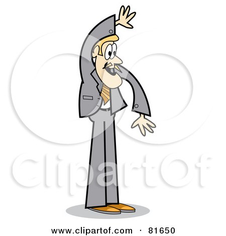 Royalty-Free (RF) Clipart Illustration of a Blond Business Guy In A Gray Suit, Holding His Hand Above His Head by Andy Nortnik