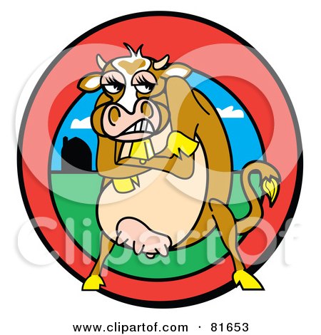 Royalty-Free (RF) Clipart Illustration of a Tough Brown Cow Standing With Her Arms Crossed, In A Red Farm Circle by Andy Nortnik