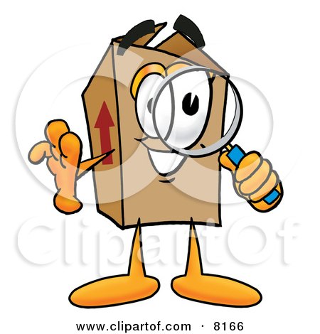 Clipart Picture of a Cardboard Box Mascot Cartoon Character Looking Through a Magnifying Glass by Mascot Junction