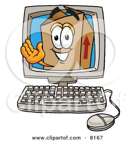 Clipart Picture of a Cardboard Box Mascot Cartoon Character Waving From Inside a Computer Screen by Mascot Junction
