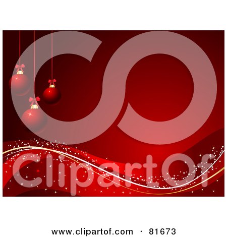 Royalty-Free (RF) Clipart Illustration of a Red Background Of Sparkly Waves Under Three Christmas Balls by KJ Pargeter