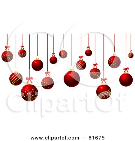 Royalty-Free (RF) Clipart Illustration of Suspended Red And Gold Christmas Balls On Red Ribbons by KJ Pargeter