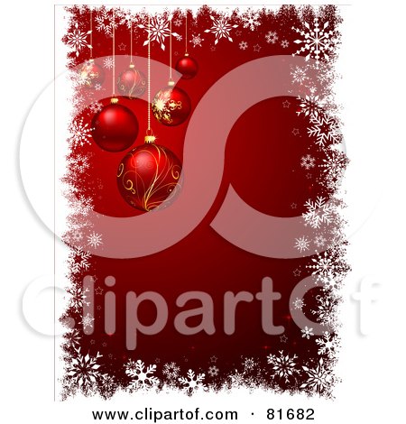 Royalty-Free (RF) Clipart Illustration of a Border Of White Snowflakes Around Red With Hanging Christmas Balls by KJ Pargeter
