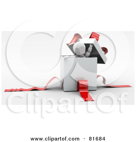 Royalty-Free (RF) Clipart Illustration of a 3d White Character Peeking Out Of A White Gift Box With Red Ribbons by KJ Pargeter