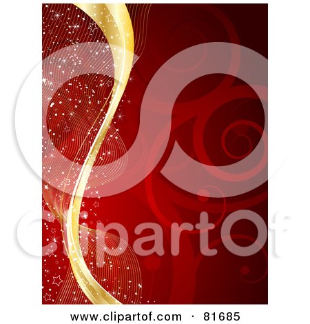 Royalty-Free (RF) Clipart Illustration of a Red Swirly Christmas Background With Gold Swooshes by KJ Pargeter