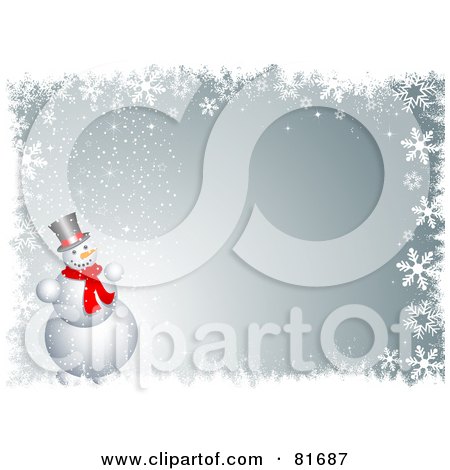Royalty-Free (RF) Clipart Illustration of a Gray Winter Background With A Snowman And Snowflake Border by KJ Pargeter