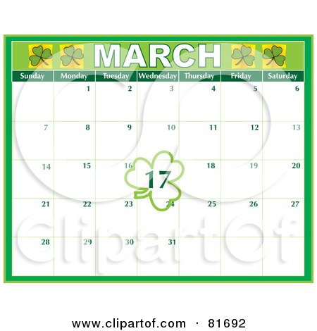 Royalty-Free (RF) Clipart Illustration of a Green March St. Patrick's Day Calendar With A Clover Around The 17th Day by Maria Bell