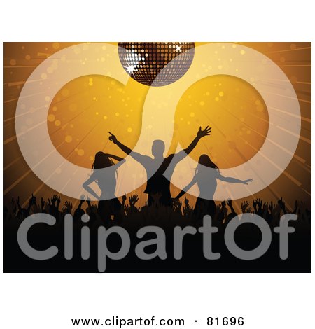 Royalty-Free (RF) Clipart Illustration of a Golden Disco Ball Shining Down On Silhouetted Dancers In A Crowd by elaineitalia