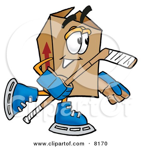 Clipart Picture of a Cardboard Box Mascot Cartoon Character Playing Ice Hockey by Mascot Junction