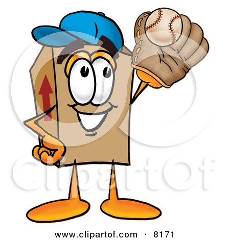 Clipart Picture of a Cardboard Box Mascot Cartoon Character Catching a Baseball With a Glove by Mascot Junction