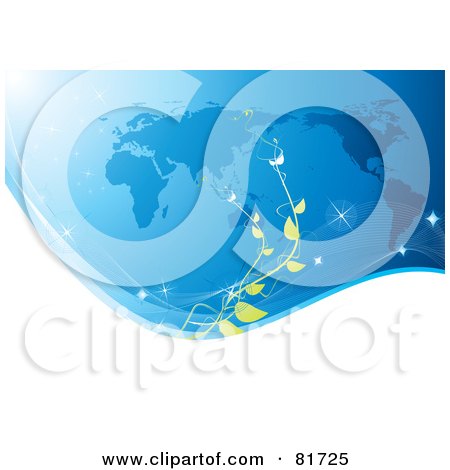Royalty-Free (RF) Clipart Illustration of a White Sparkly Wave With A Green Vine Over A Blue Map by MilsiArt