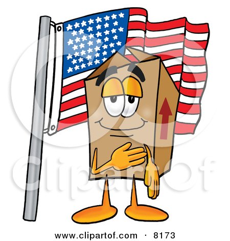 Clipart Picture of a Cardboard Box Mascot Cartoon Character Pledging Allegiance to an American Flag by Mascot Junction
