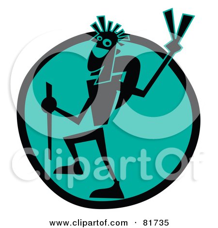Royalty-Free (RF) Clipart Illustration of a Backpacker Dude Gesturing The Peace Sign, Over A Blue Circle by Andy Nortnik