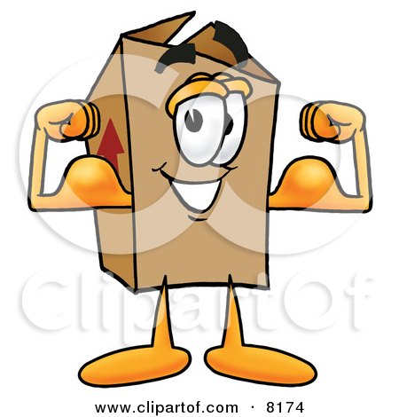 Clipart Picture of a Cardboard Box Mascot Cartoon Character Flexing His Arm Muscles by Mascot Junction