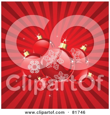 Royalty-Free (RF) Clipart Illustration of a Red Bursting Background With Shiny Christmas Balls With Snowflake Designs by Pushkin