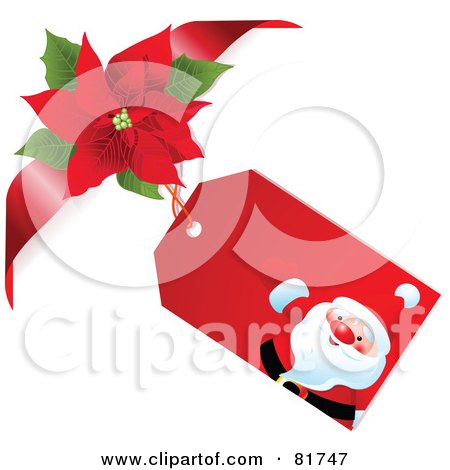Royalty-Free (RF) Clipart Illustration of a Santa Gift Tag With A Poinsettia Bow And Ribbon On A White Background by Pushkin