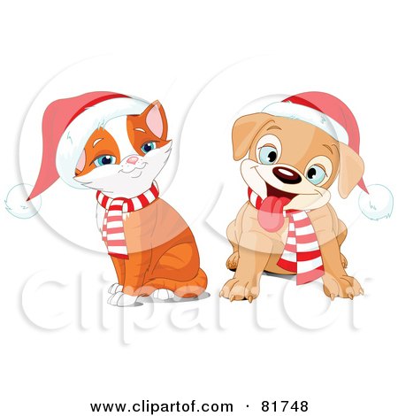 Royalty-Free (RF) Clipart Illustration of a Digital Collage Of A Christmas Puppy And Kitten Wearing Santa Hats by Pushkin