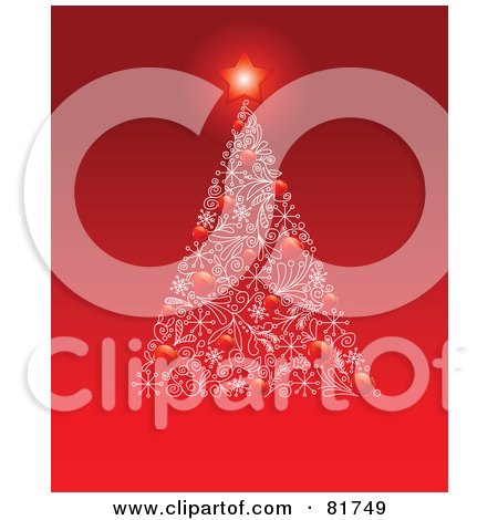 Royalty-Free (RF) Clipart Illustration of a Red Star Glowing Atop A Christmas Tree Made Of Red Baubles And White Designs by Pushkin