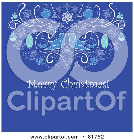 Royalty-Free (RF) Clipart Illustration of a Blue Merry Christmas Greeting With Birds And Ornaments by Pushkin