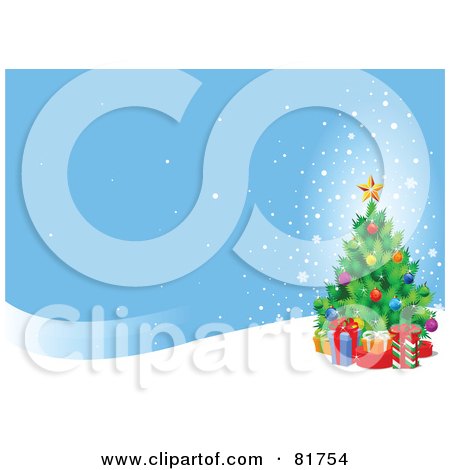Royalty-Free (RF) Clipart Illustration of a Christmas Tree With Presents On A Snowy Hill Under A Blue Sky by Pushkin