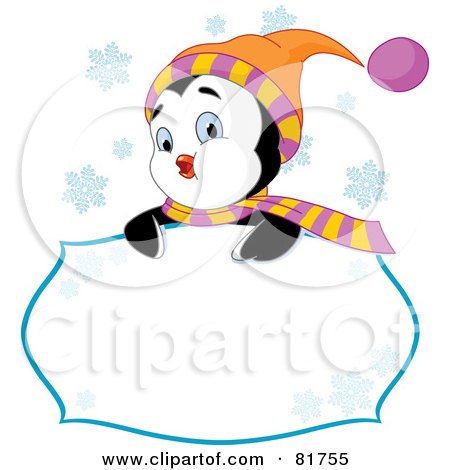 Royalty-Free (RF) Clipart Illustration of a Cute Winter Penguin Looking Over A Blank Sign With Snowflakes by Pushkin