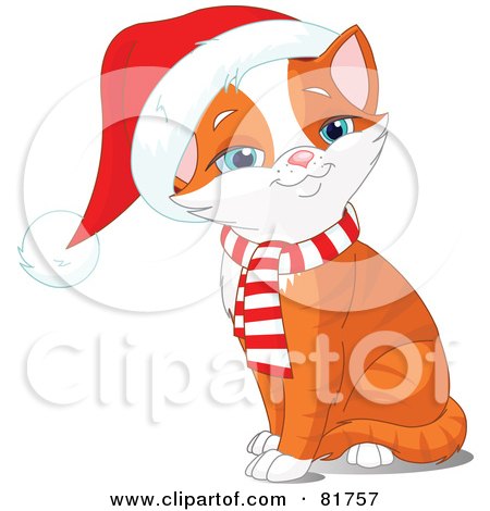 Royalty-Free (RF) Clipart Illustration of a Happy Sitting Orange Kitten Wearing A Santa Hat by Pushkin
