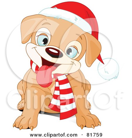 Royalty-Free (RF) Clipart Illustration of a Happy Sitting Christmas Puppy Wearing A Scarf And Santa Hat by Pushkin