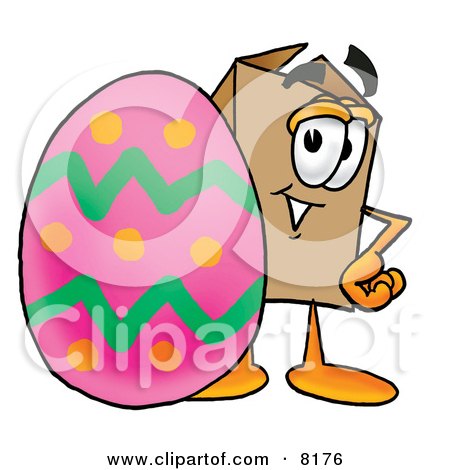 Clipart Picture of a Cardboard Box Mascot Cartoon Character Standing Beside an Easter Egg by Mascot Junction