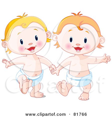 Royalty-Free (RF) Clipart Illustration of Blond And Strawberry Blond Babies Holding Hands And Walking In Diapers by Pushkin