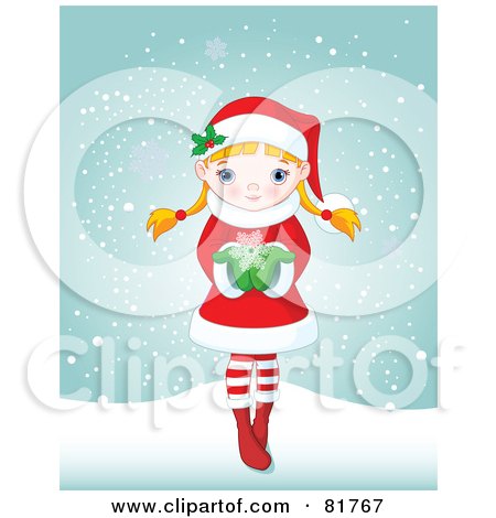 Royalty-Free (RF) Clipart Illustration of a Cute Blond Christmas Girl Holding A Snowflake And Standing In The Snow by Pushkin