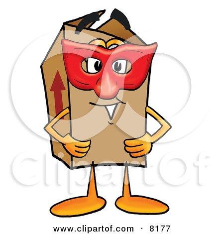 Clipart Picture of a Cardboard Box Mascot Cartoon Character Wearing a Red Mask Over His Face by Mascot Junction