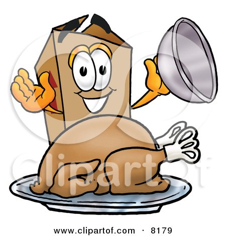 Clipart Picture of a Cardboard Box Mascot Cartoon Character Serving a Thanksgiving Turkey on a Platter by Mascot Junction
