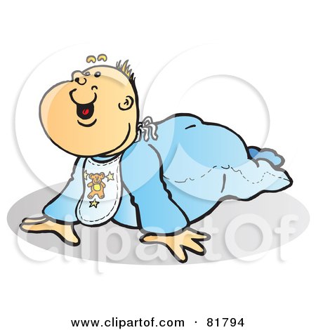 Royalty-Free (RF) Clipart Illustration of a Baby Boy In Blue, Crawling Around And Smiling by Snowy