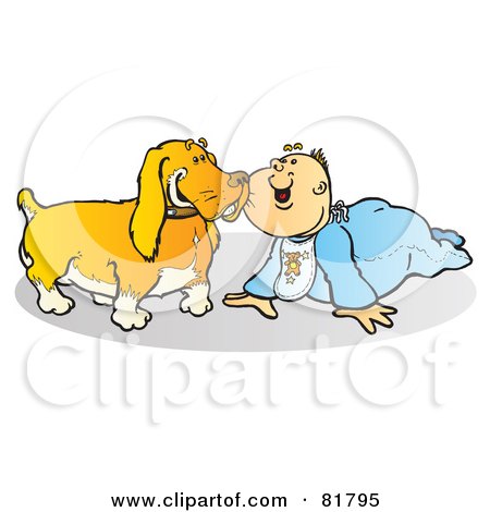 Royalty-Free (RF) Clipart Illustration of a Baby Boy In Blue, Crawling Around With A Dog by Snowy