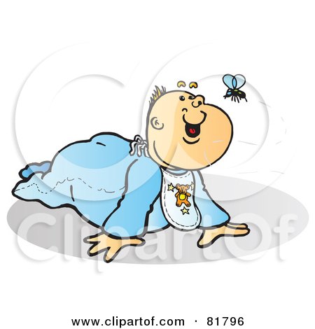 Royalty-Free (RF) Clipart Illustration of a Baby Boy In Blue, Crawling Around And Watching A Fly by Snowy