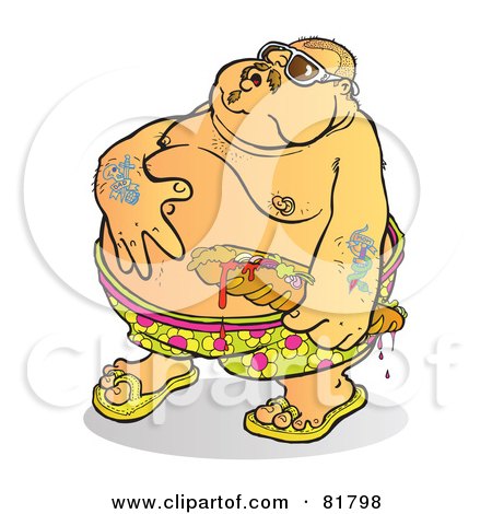 Royalty-Free (RF) Clipart Illustration of a Fat Tattooed Man Rubbing His Belly And Holding A Sandwich by Snowy