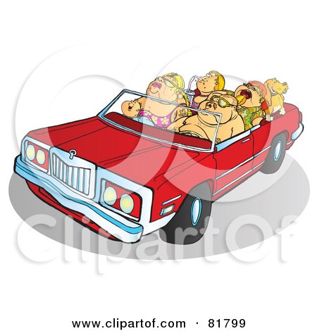 Royalty-Free (RF) Clipart Illustration of a Chubby Family Riding In A Convertible Car by Snowy