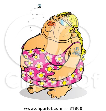 Royalty-Free (RF) Clipart Illustration of a Stinky Fat Woman In A Bathing Suit, Watching A Fly by Snowy