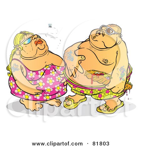 Royalty-Free (RF) Clipart Illustration of a Fly Buzzing Around A Fat Couple In Swimwear, With A Sandwich by Snowy