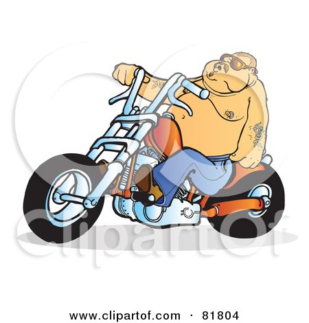 Royalty-Free (RF) Clipart Illustration of a Fat Tattooed Biker Man On An Orange Motorcycle by Snowy