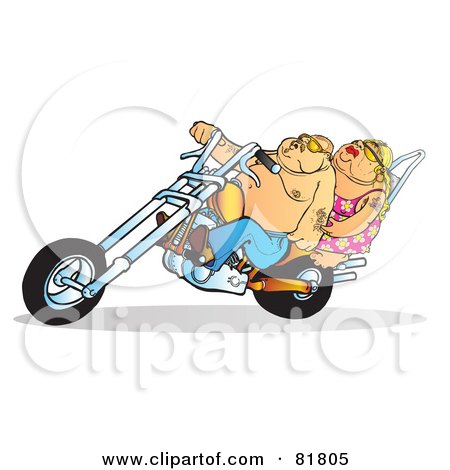 Royalty-Free (RF) Clipart Illustration of a Chubby Biker Couple On An Orange Motorcycle by Snowy