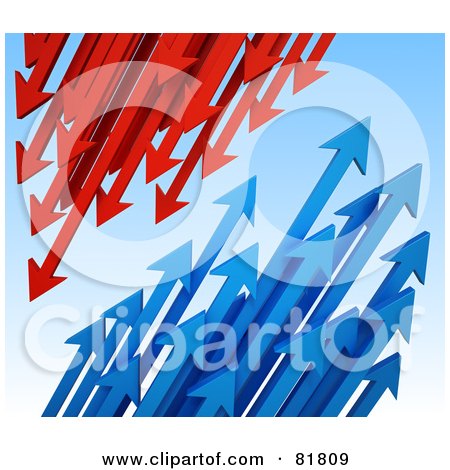 Royalty-Free (RF) Clipart Illustration of Clusters Of Blue And Red Arrows Shooting Down And Up by Mopic