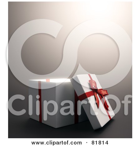 Royalty-Free (RF) Clipart Illustration of a White 3d Gift Box With A Red Bow And Ribbons, The Lid Resting Against The Side by Mopic