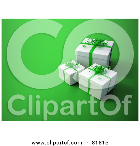 Royalty-Free (RF) Clipart Illustration of Three 3d White Gift Boxes With Green Ribbons And Bows by Mopic