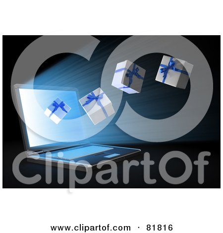 Royalty-Free (RF) Clipart Illustration of a 3d Laptop Shooting Gift Boxes Out From The Monitor by Mopic