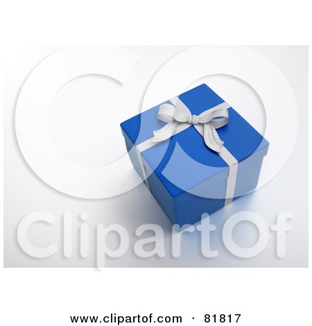 Royalty-Free (RF) Clipart Illustration of a Blue 3d Gift Box Wrapped With A White Bow And Ribbons by Mopic