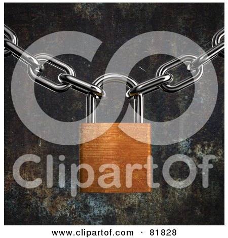 Royalty-Free (RF) Clipart Illustration of a 3d Rusty Padlock Suspended Between Two Chains On A Rusted Background by Mopic